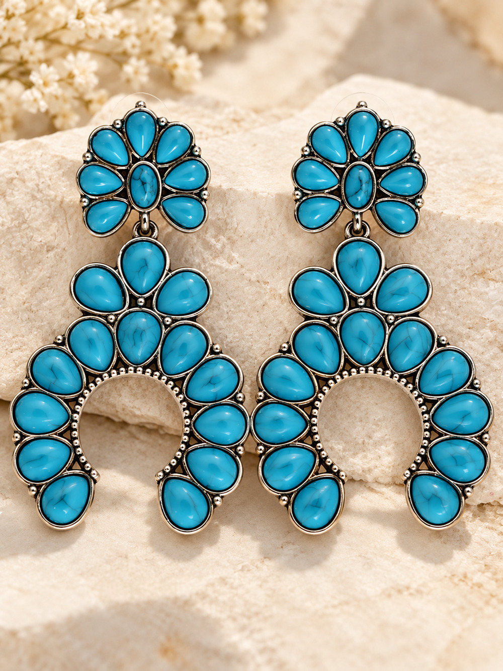 Turquoise Look Statement Drop Earrings Horseshoe Shaped Silver Tone Boho Western